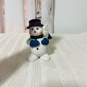 Vintage Cracker Barrel Snowman Ornament with Black Hat & Blue Mittens Snowflake